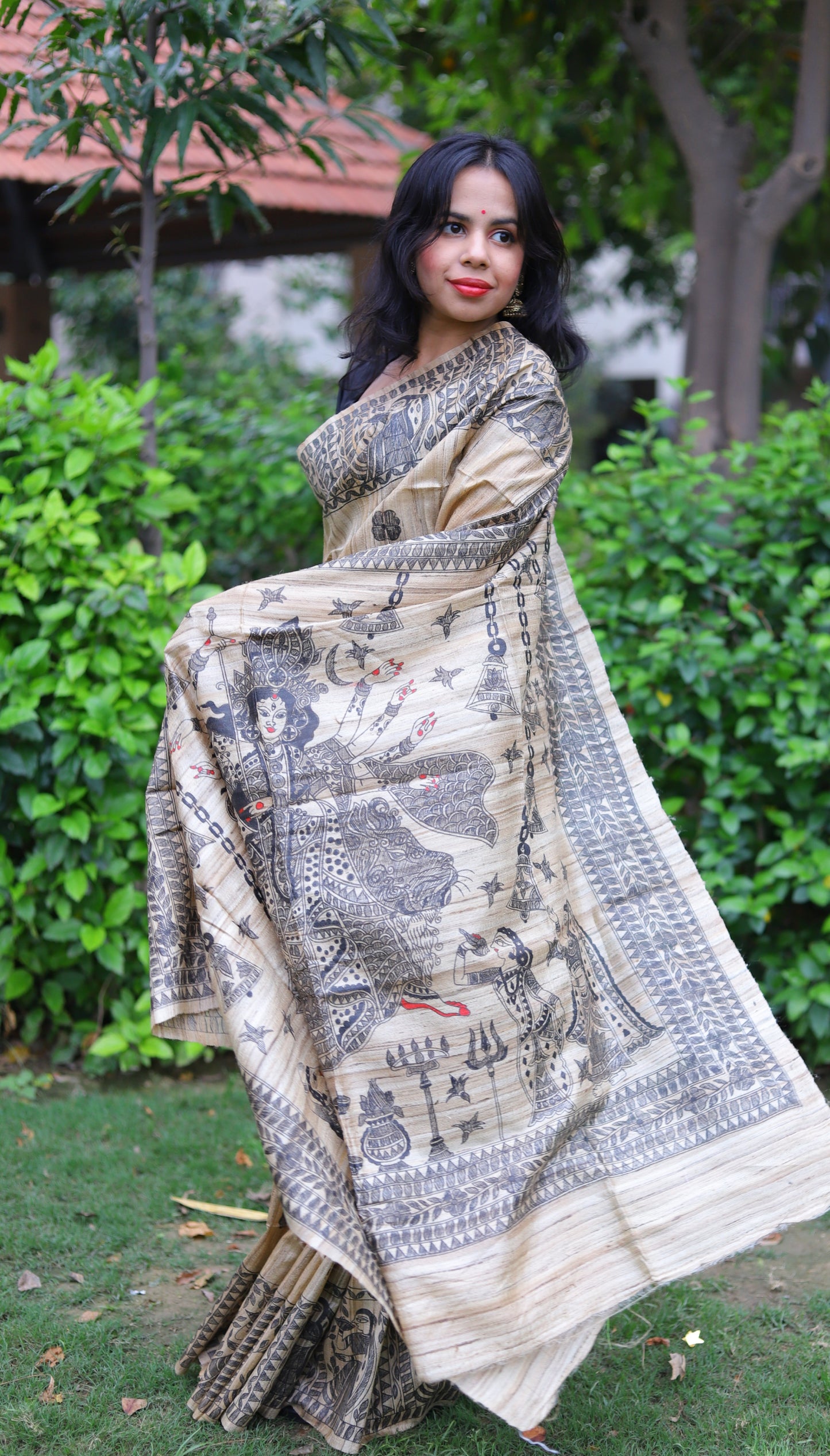 Beige Handpainted Handloom Tussar Silk Saree
