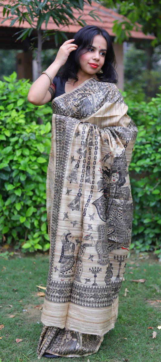 Beige Handpainted Handloom Tussar Silk Saree