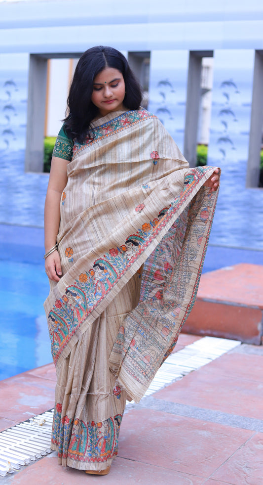 Beige Madhubani Handpainted Handloom Tussar Silk Saree