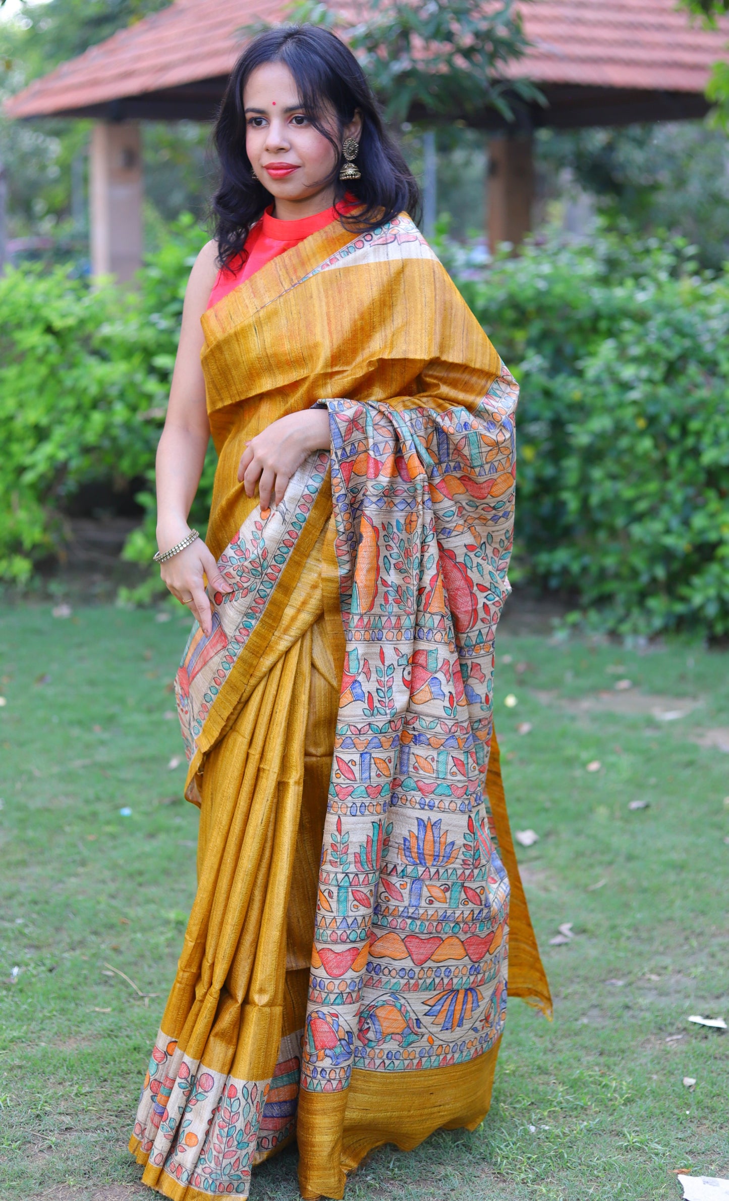 Mustard Yellow Handpainted Handloom Tussar Silk Saree