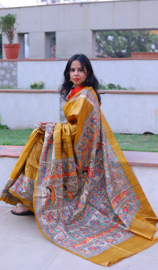Mustard Yellow Handpainted Handloom Tussar Silk Saree