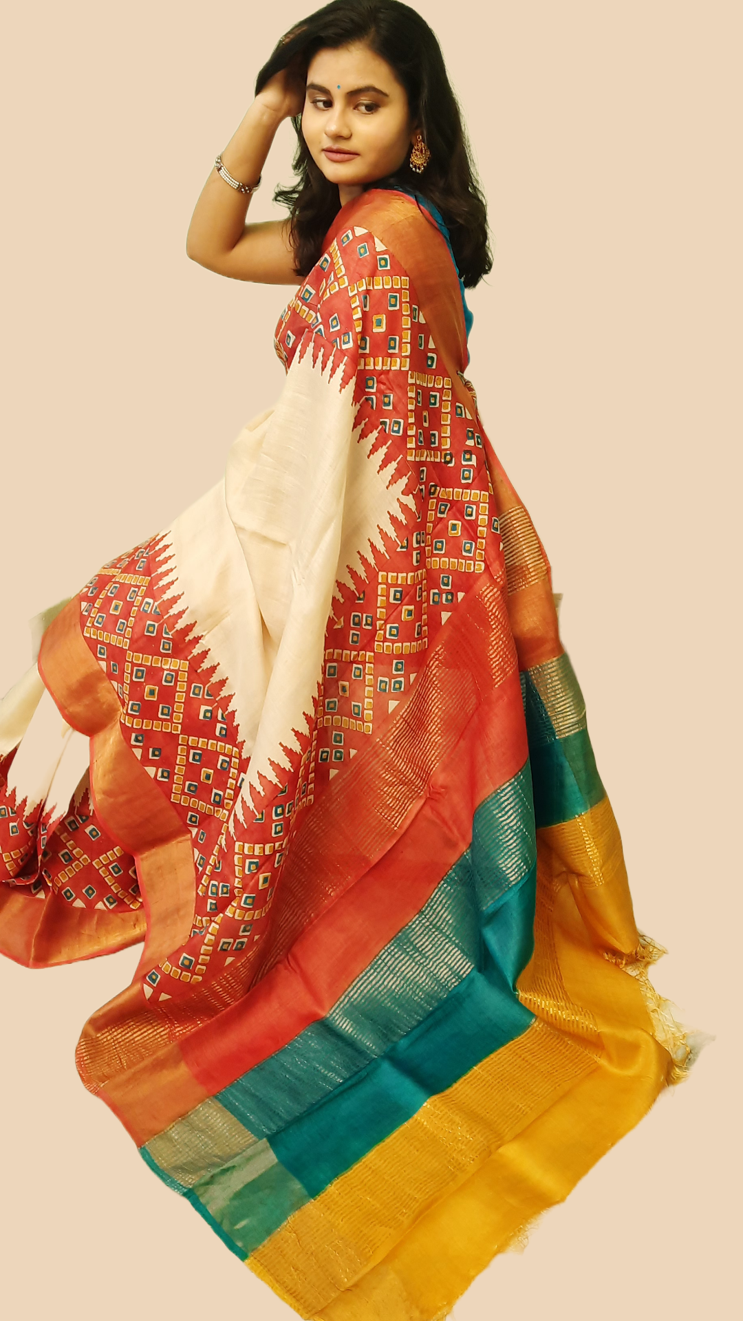 Off White Tussar Silk Saree With Red Border- Bandhni