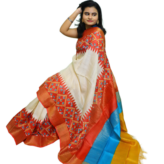 Off White Tussar Silk Saree With Red Border- Bandhni