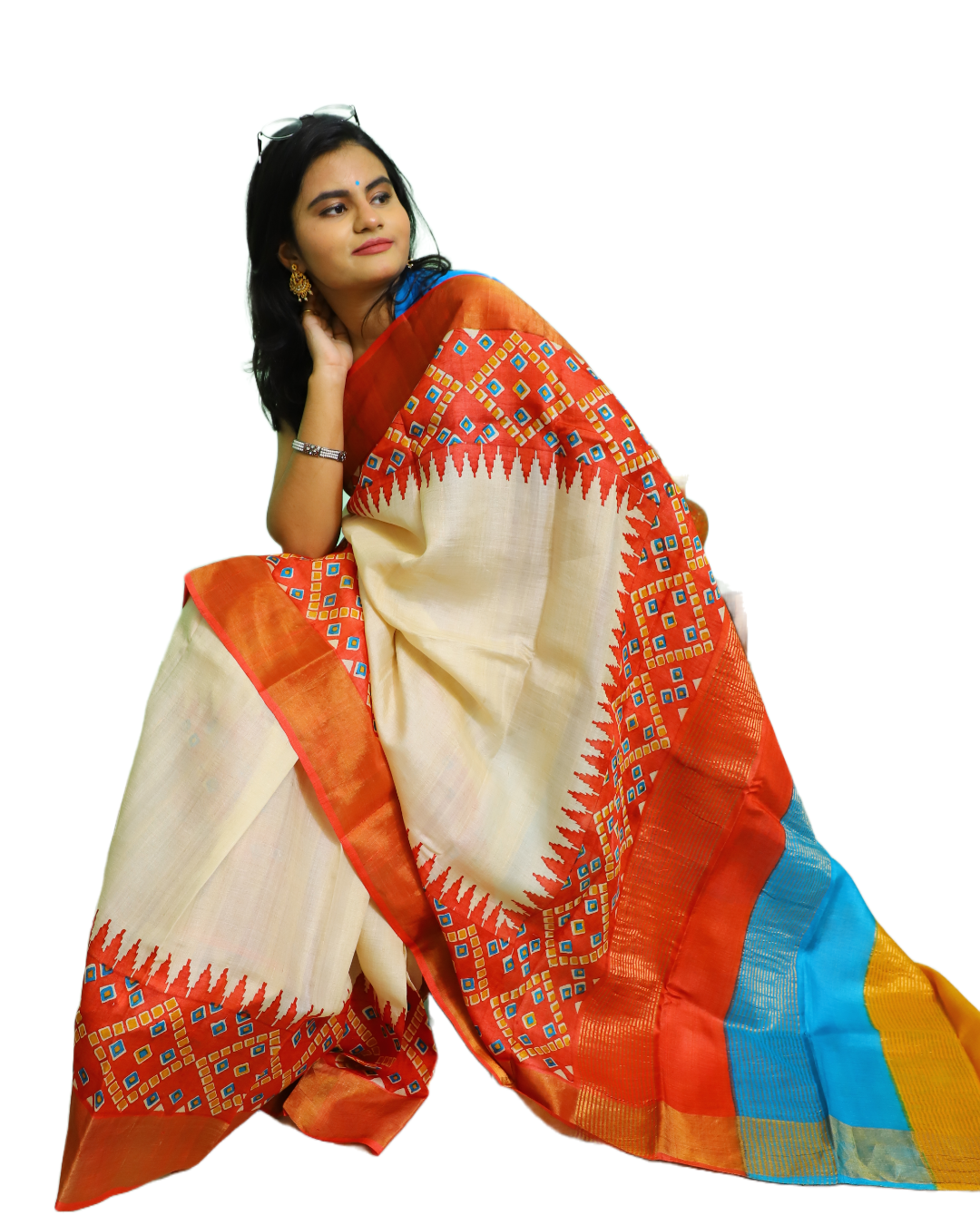 Off White Tussar Silk Saree With Red Border- Bandhni