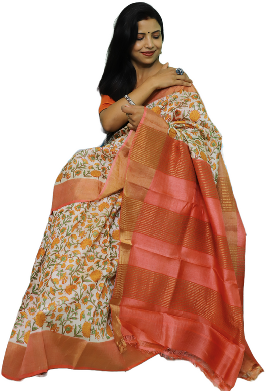 Peach Printed Pure Tussar Silk Saree