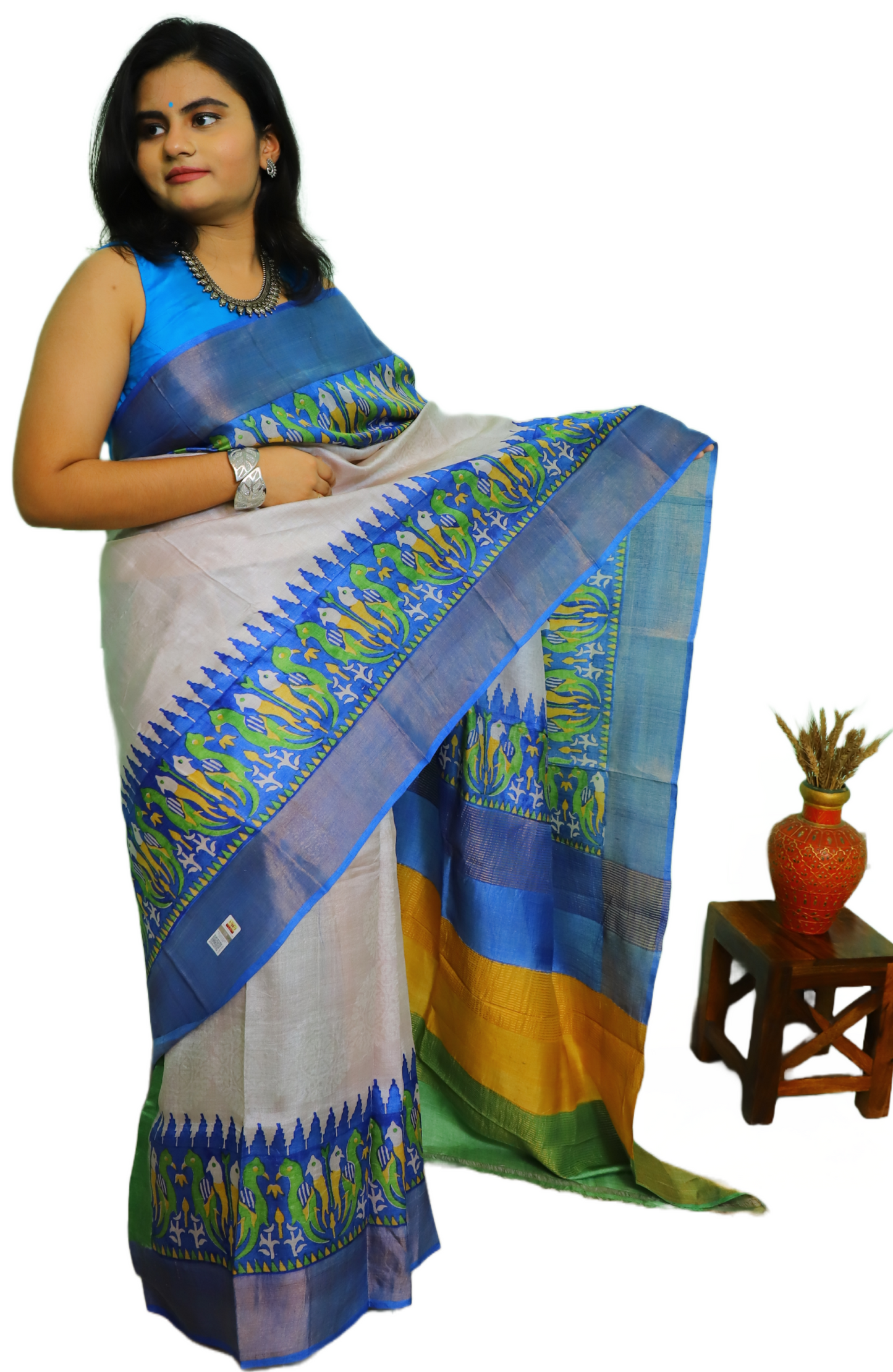 Steel Printed Pure Tussar Silk Saree With Blue Border