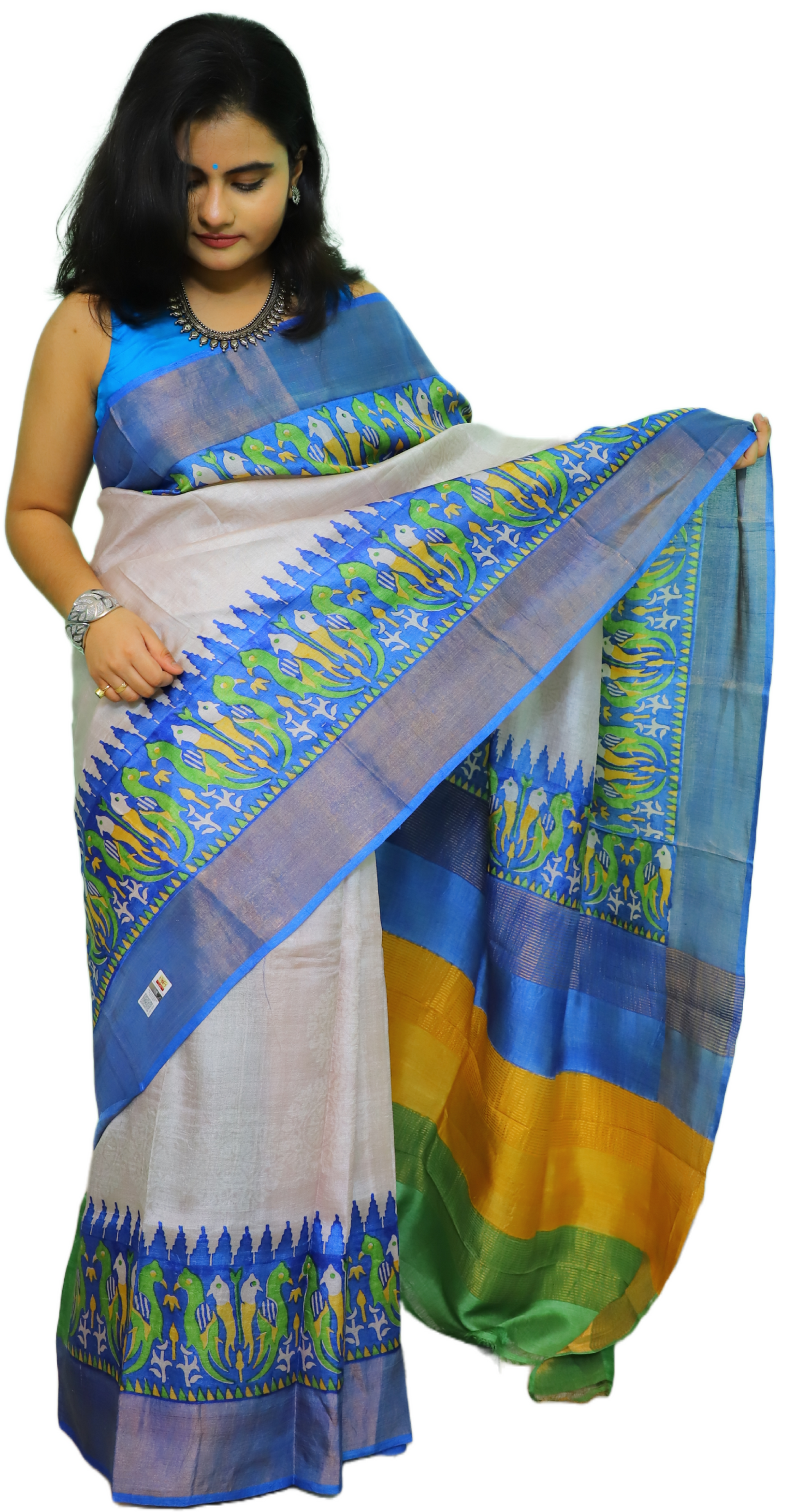 Steel Printed Pure Tussar Silk Saree With Blue Border