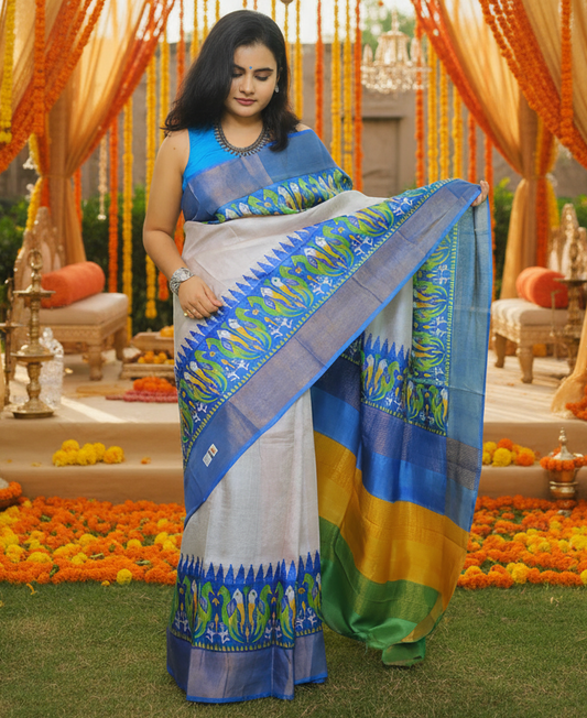 Steel Printed Pure Tussar Silk Saree With Blue Border