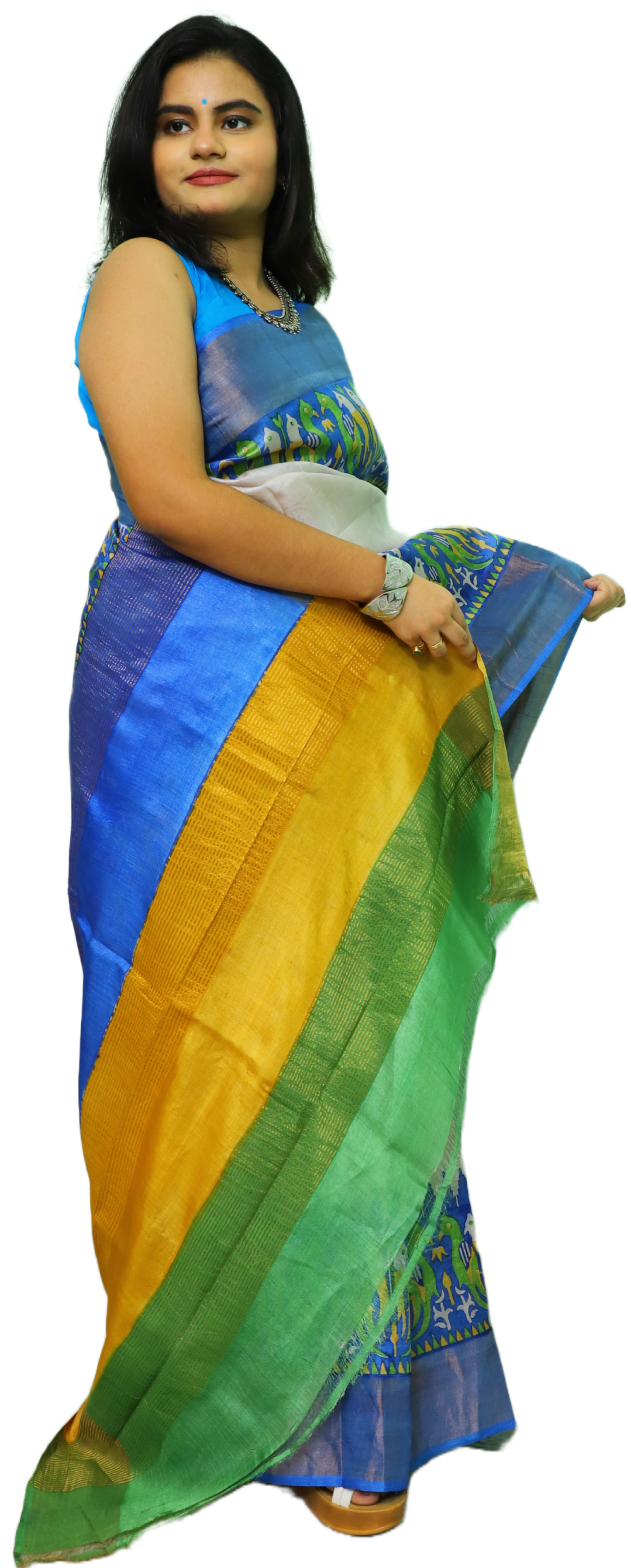 Steel Printed Pure Tussar Silk Saree With Blue Border