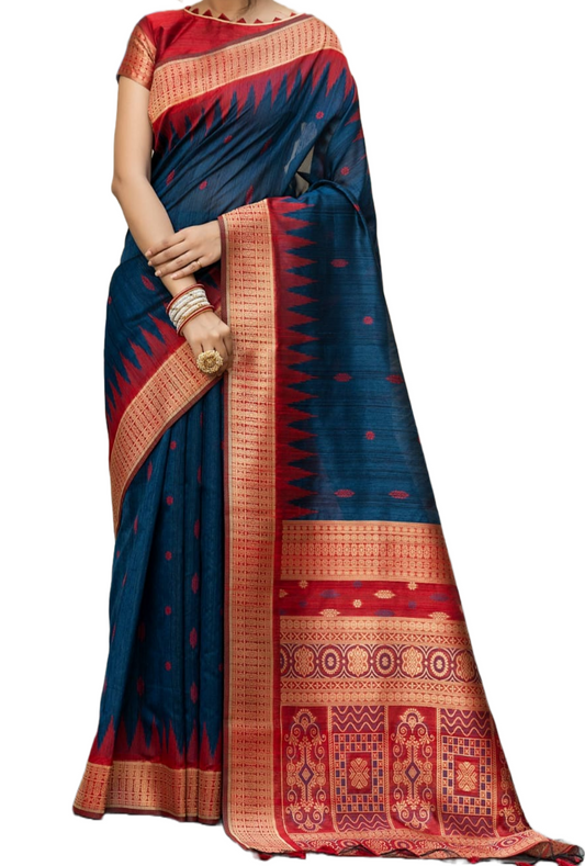 Blue Semi Raw Silk Saree