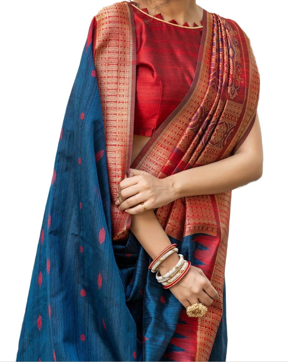 Blue Semi Raw Silk Saree