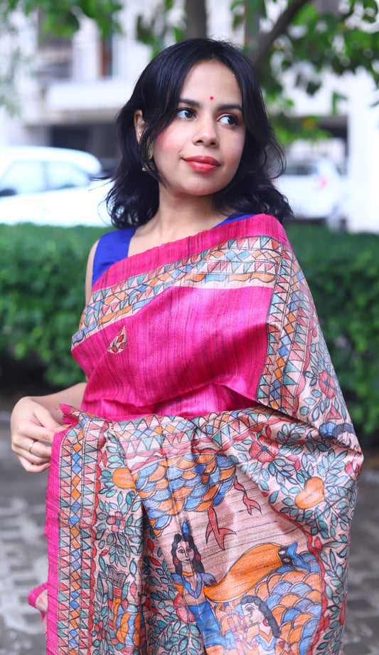 Magenta Madhubani Handpainted Handloom Tussar Silk Saree