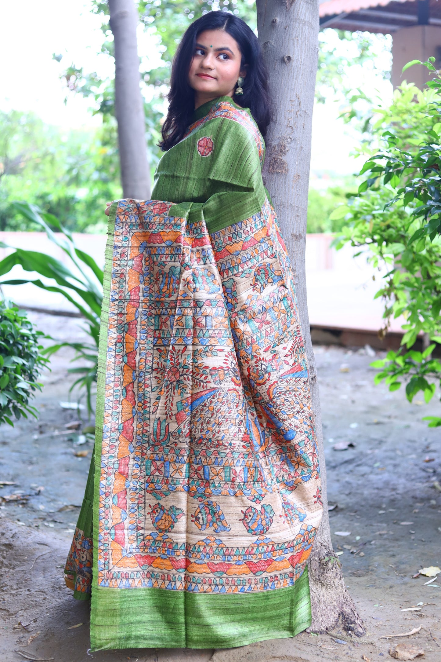 Olive Green Madhubani Handpainted Handloom Tussar Silk Saree