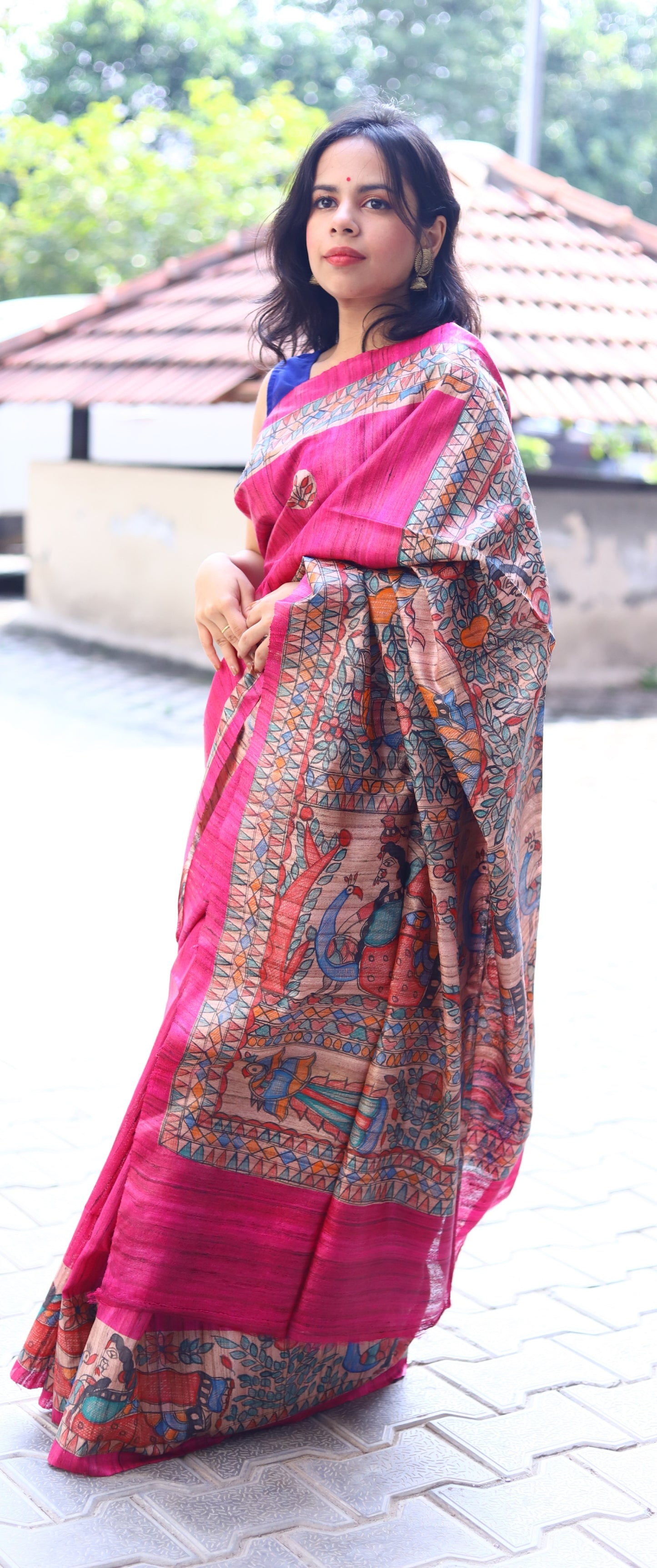 Magenta Madhubani Handpainted Handloom Tussar Silk Saree