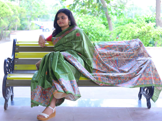 Olive Green Madhubani Handpainted Handloom Tussar Silk Saree