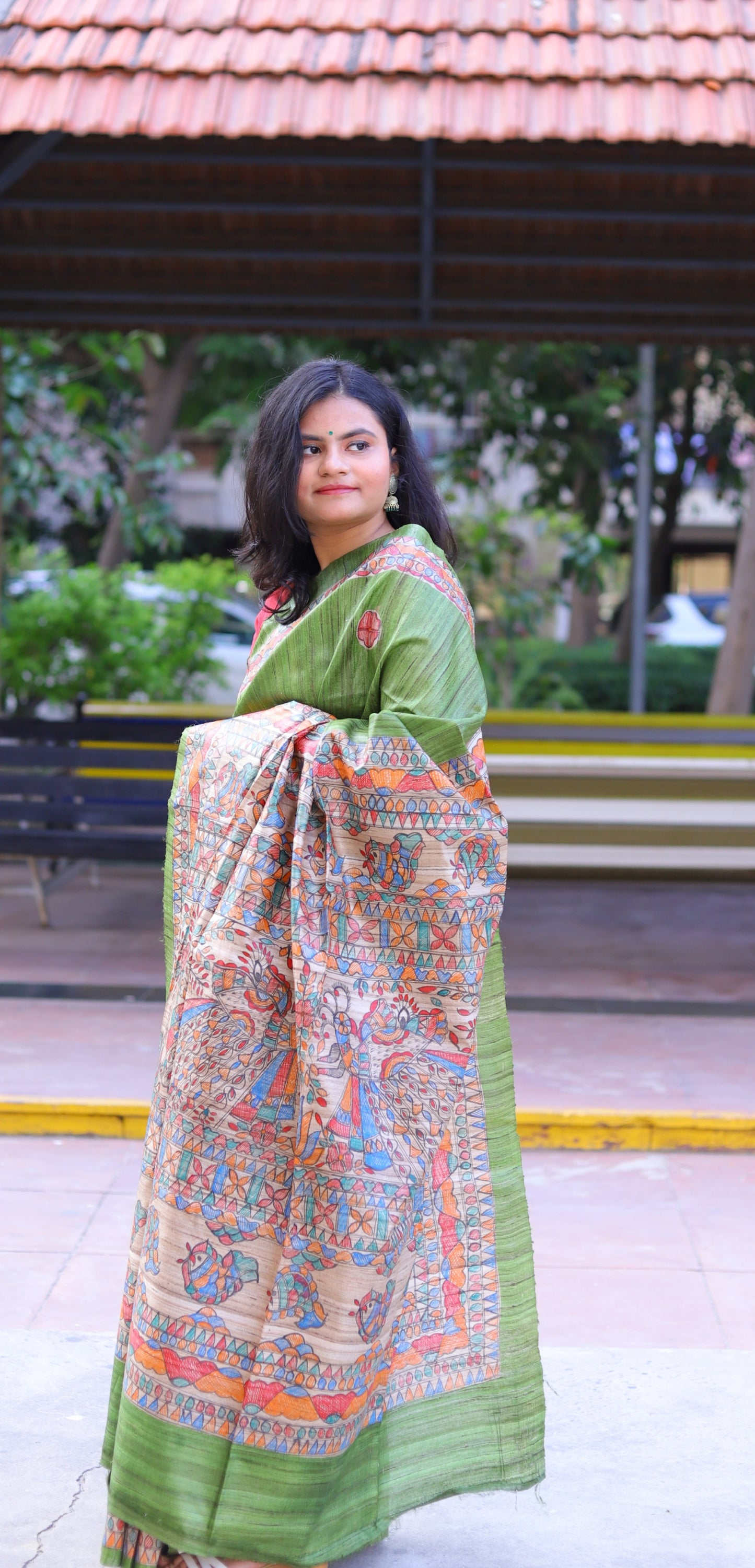 Olive Green Madhubani Handpainted Handloom Tussar Silk Saree