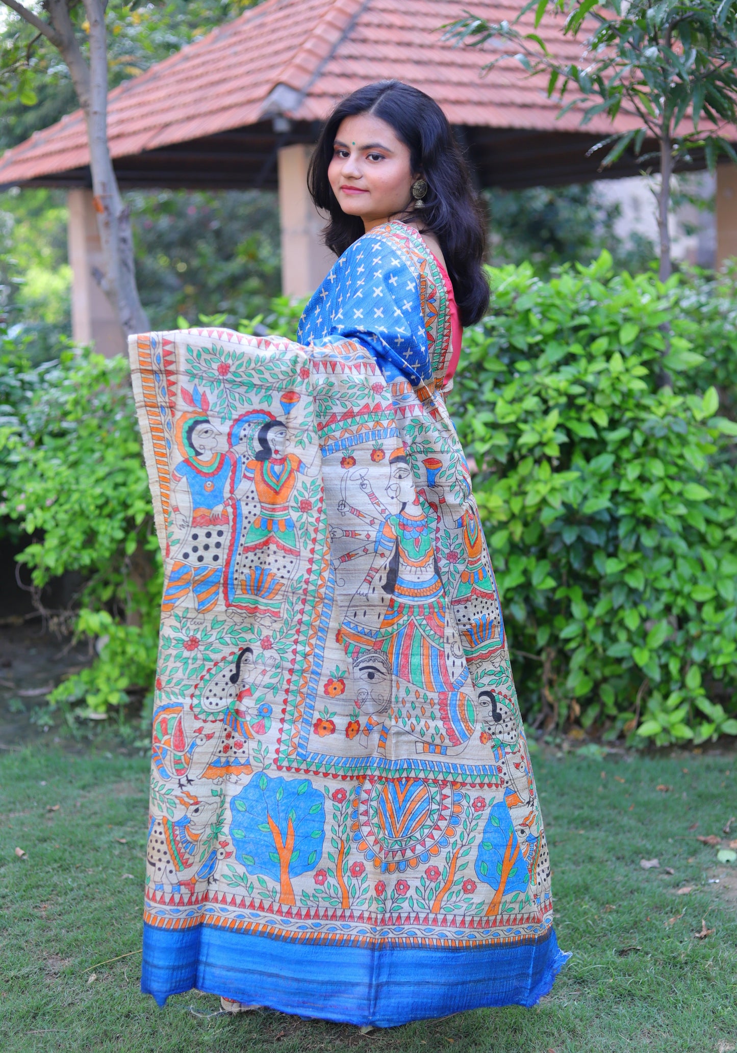 Blue Madhubani Handpainted Handloom Tussar Silk Saree