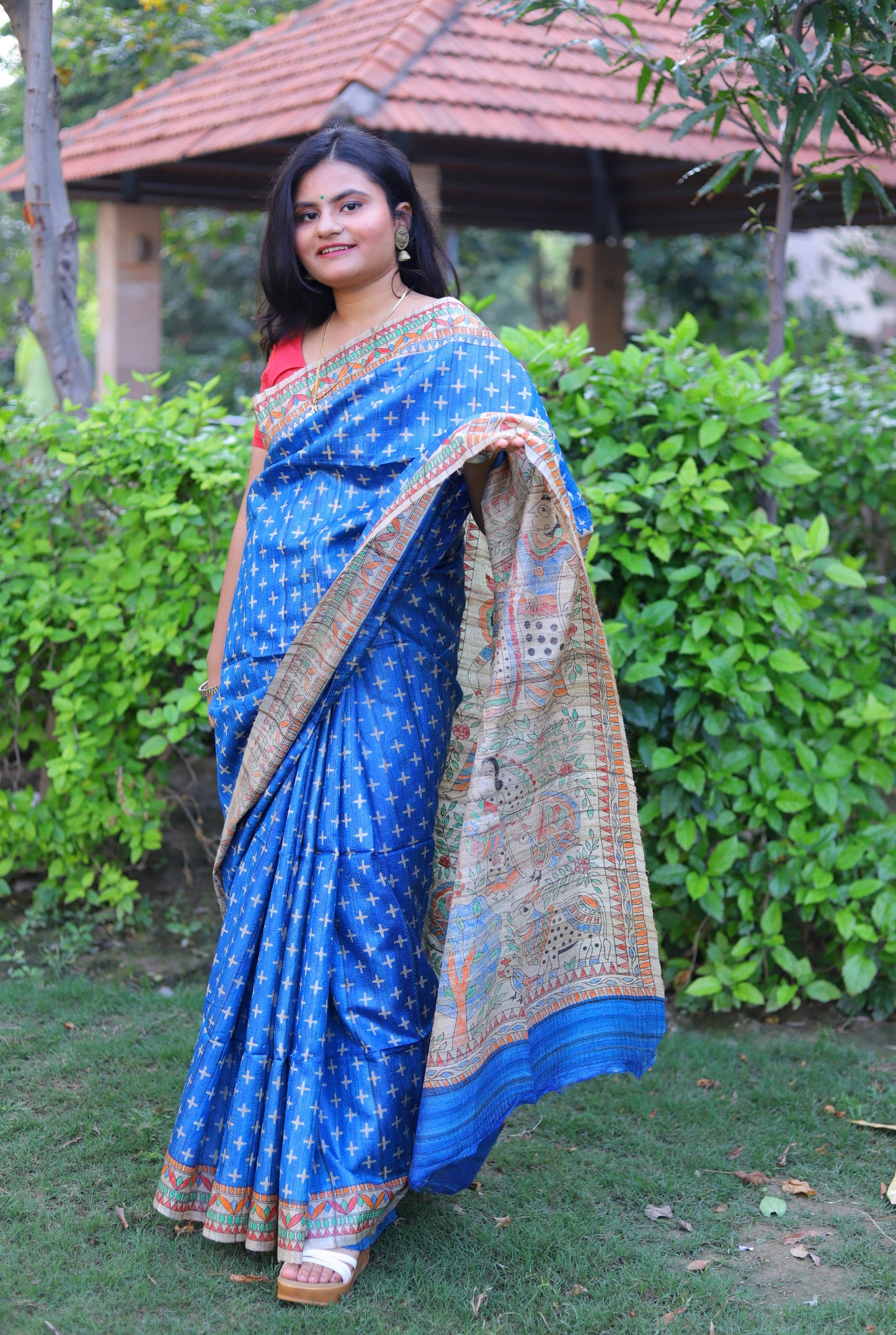 Blue Madhubani Handpainted Handloom Tussar Silk Saree
