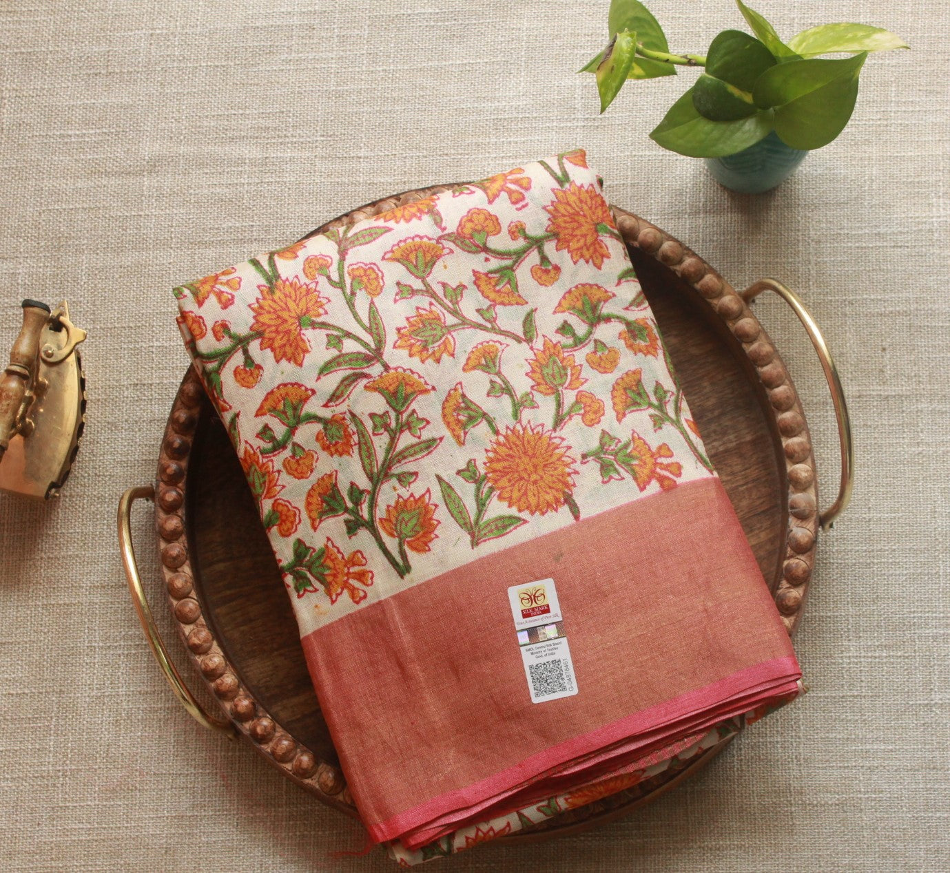 Peach Printed Pure Tussar Silk Saree