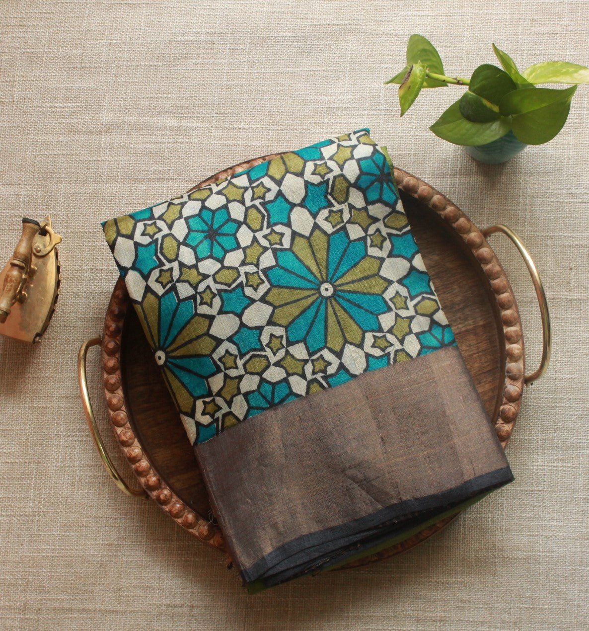 Olive Green Printed Pure Tussar Silk Saree