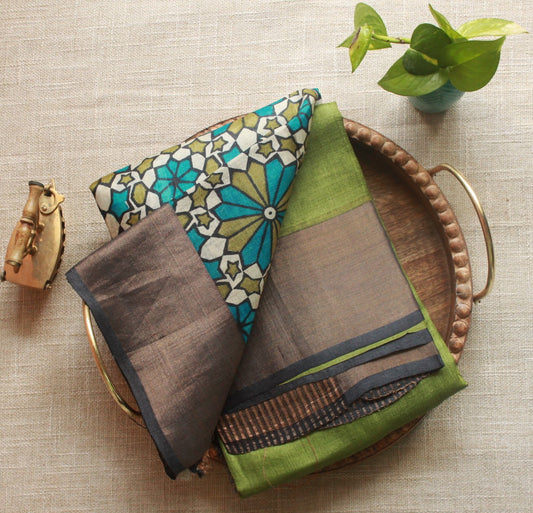 Olive Green Printed Pure Tussar Silk Saree