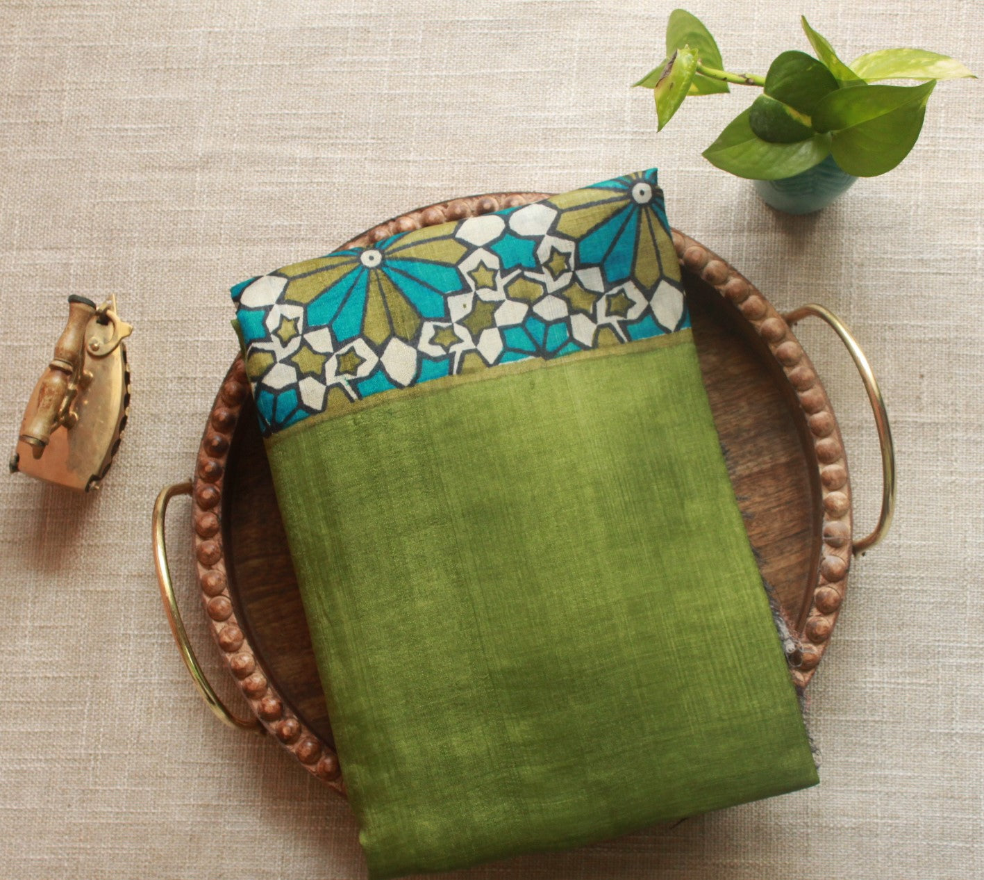 Olive Green Printed Pure Tussar Silk Saree