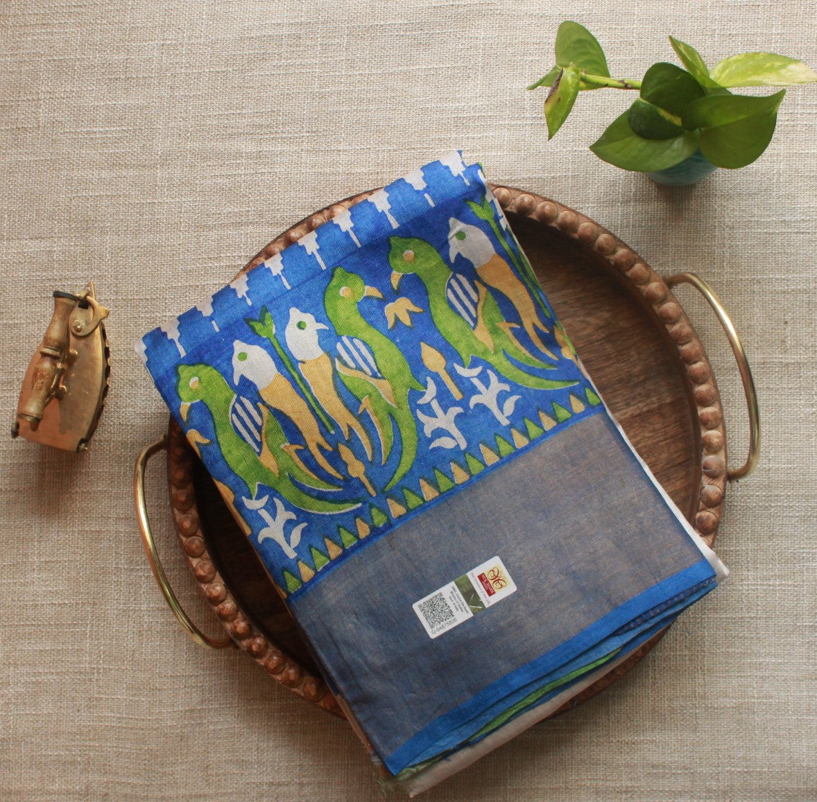 Steel Printed Pure Tussar Silk Saree With Blue Border