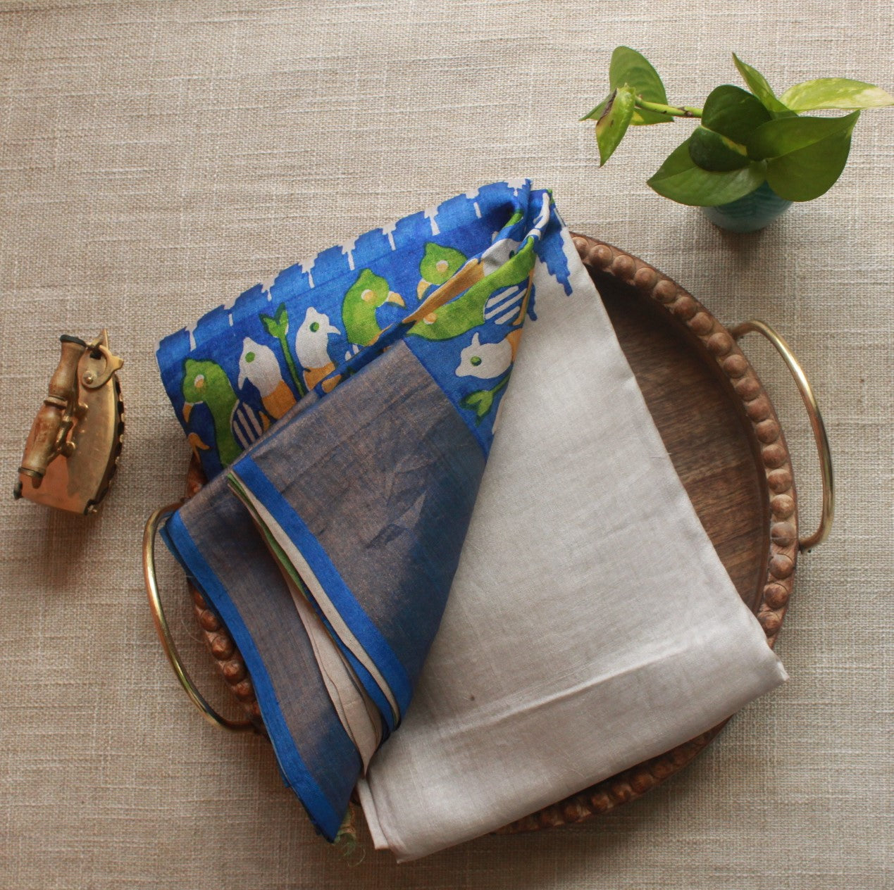 Steel Printed Pure Tussar Silk Saree With Blue Border