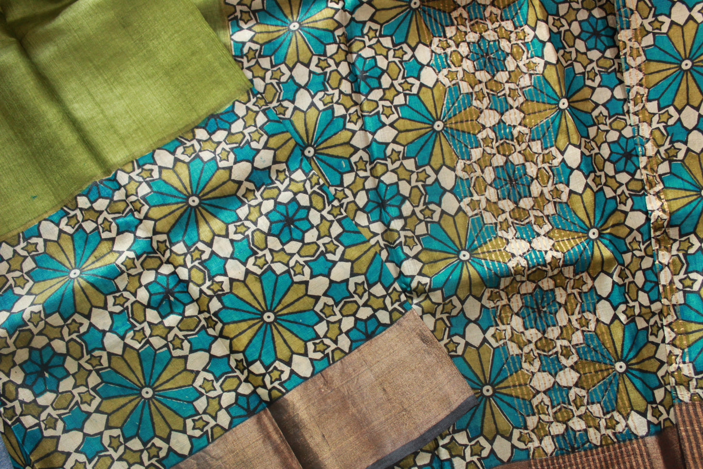 Olive Green Printed Pure Tussar Silk Saree