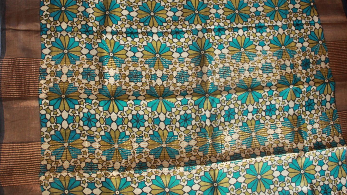 Olive Green Printed Pure Tussar Silk Saree