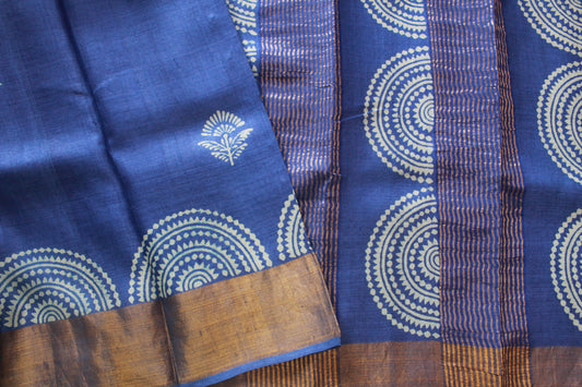 Royal Blue Block Printed Pure Tussar Silk Saree