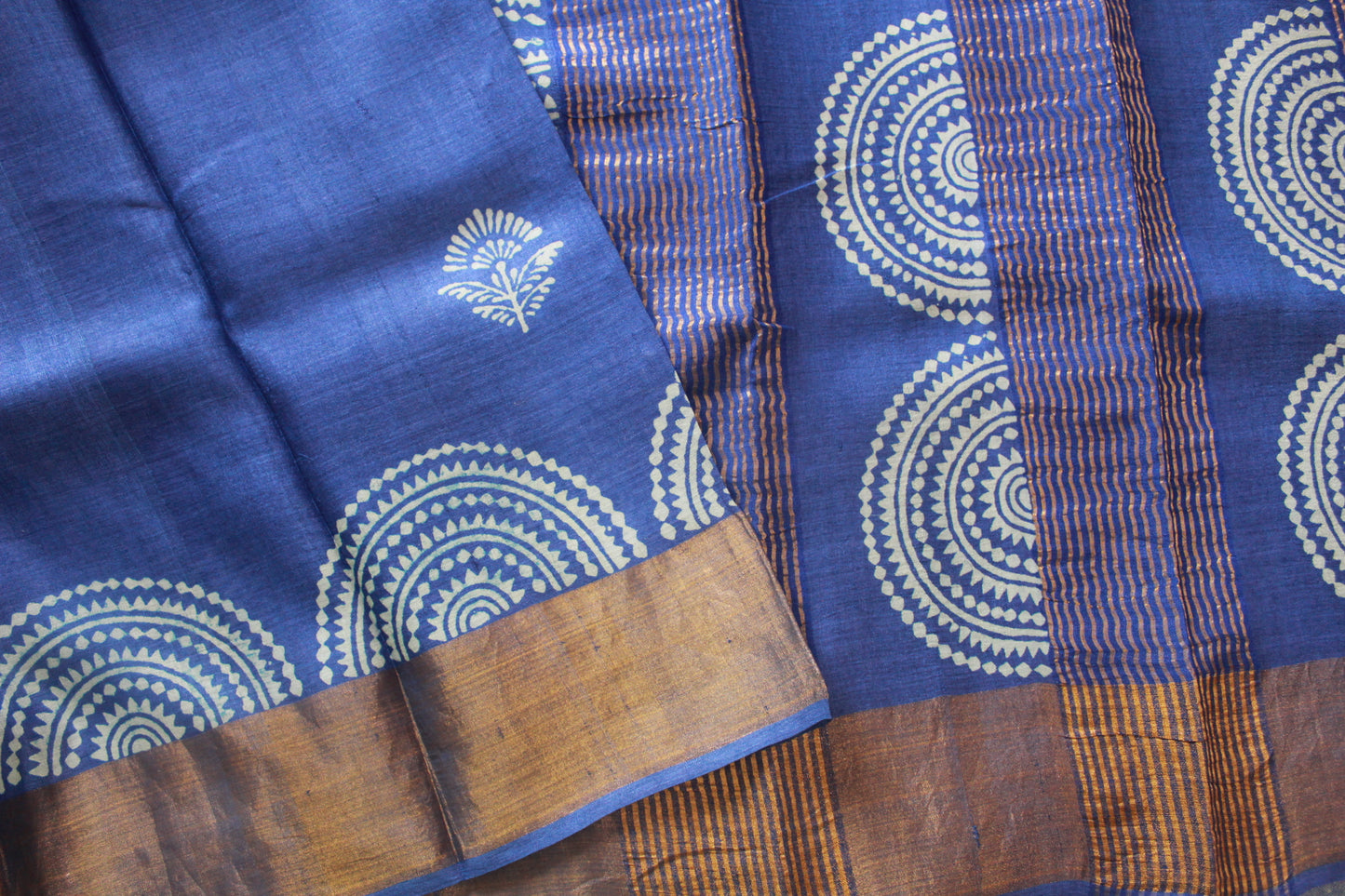 Royal Blue Block Printed Pure Tussar Silk Saree