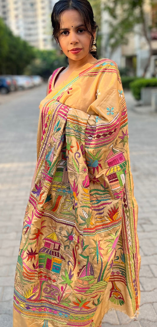 Beige Silk Kantha Stitch Saree -Multicolored