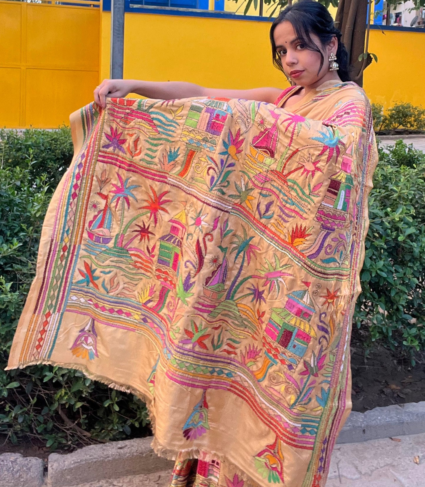 Beige Silk Kantha Stitch Saree -Multicolored