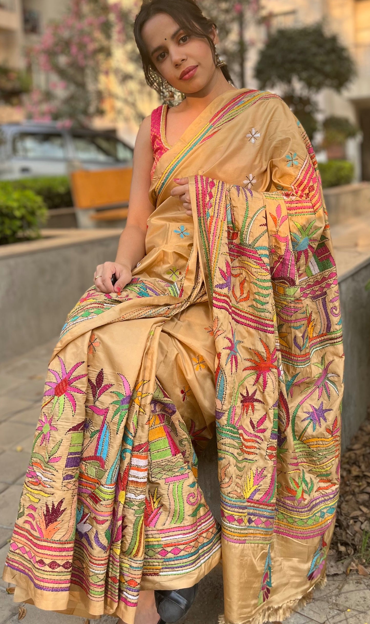 Beige Silk Kantha Stitch Saree -Multicolored