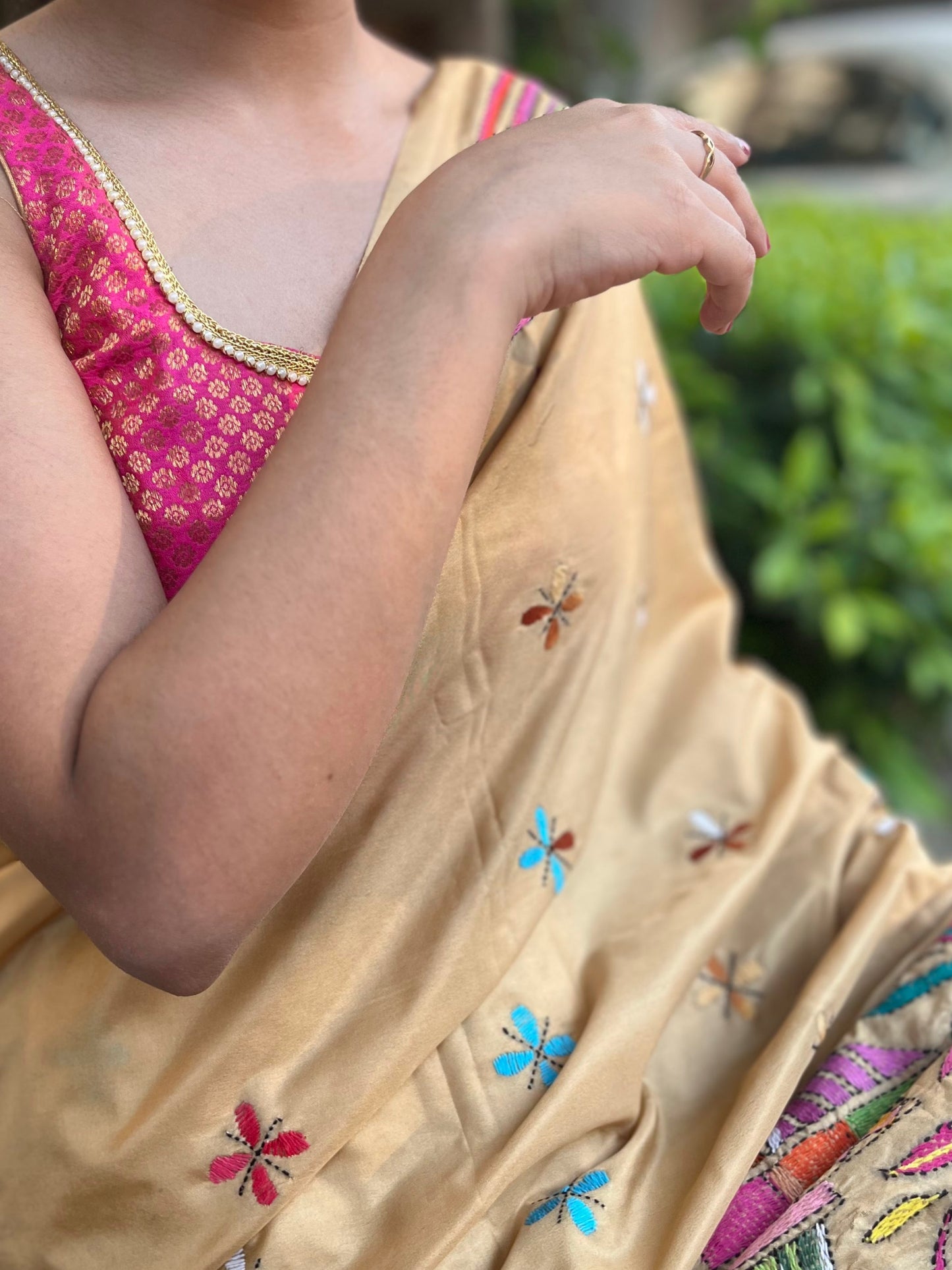 Beige Silk Kantha Stitch Saree -Multicolored