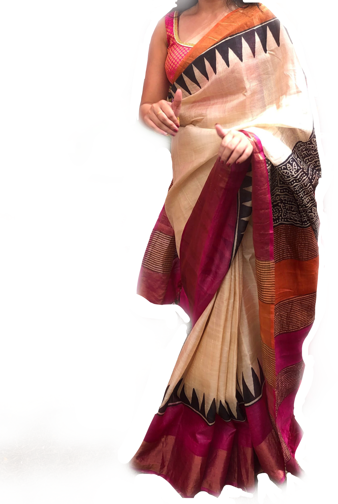 OFF White Black Temple Print Tussar Silk Saree