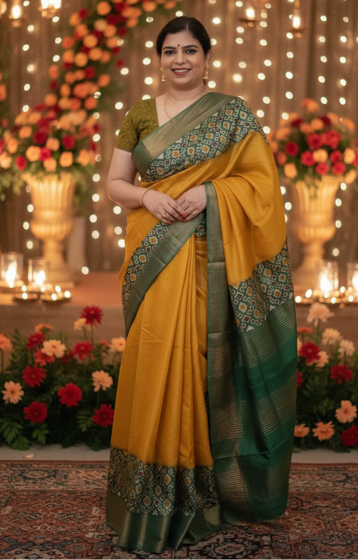 Mustard Yellow Pure Tussar Silk Saree With Green Ajrak Print