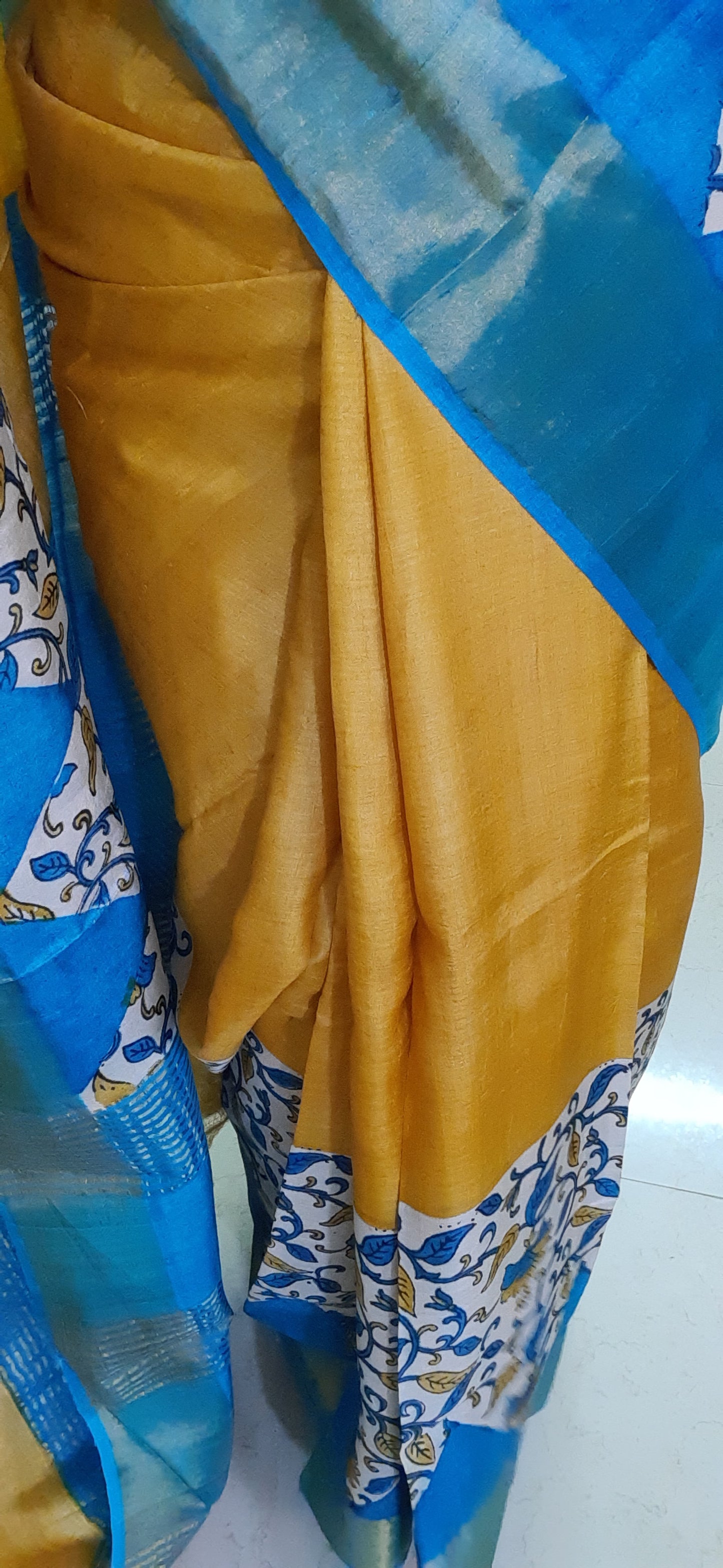 Yellow Pure Tussar Silk Saree with Blue Prints