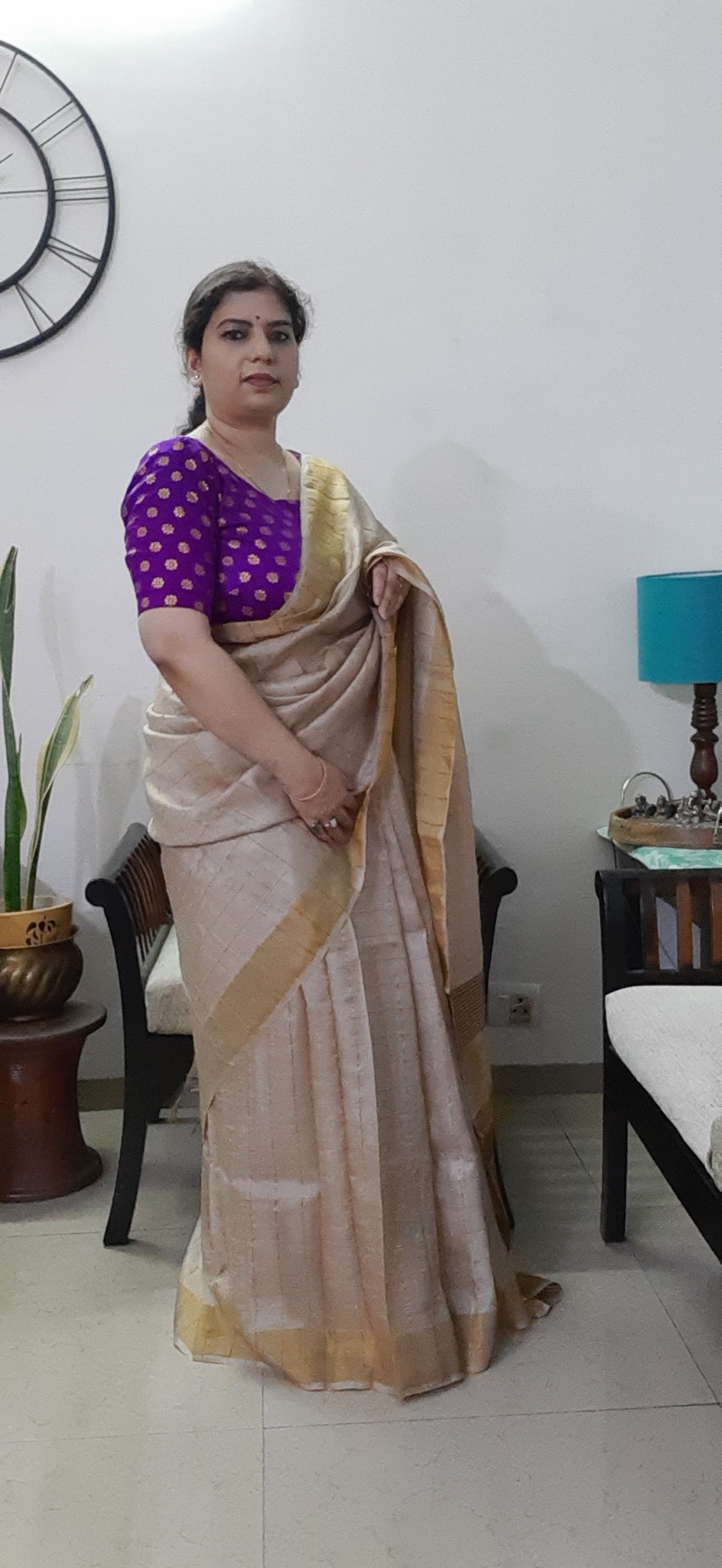 Natural Color Pure Tussar Silk Saree - Zari Checks