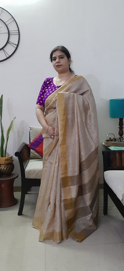 Natural Color Pure Tussar Silk Saree - Zari Checks