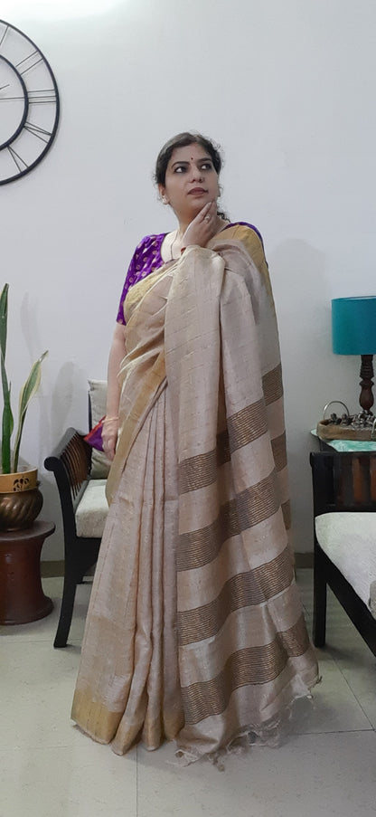 Natural Color Pure Tussar Silk Saree - Zari Checks