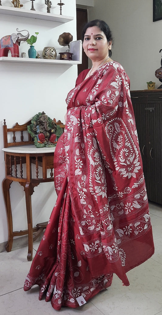 Maroon Silk Kantha Embroidered Saree