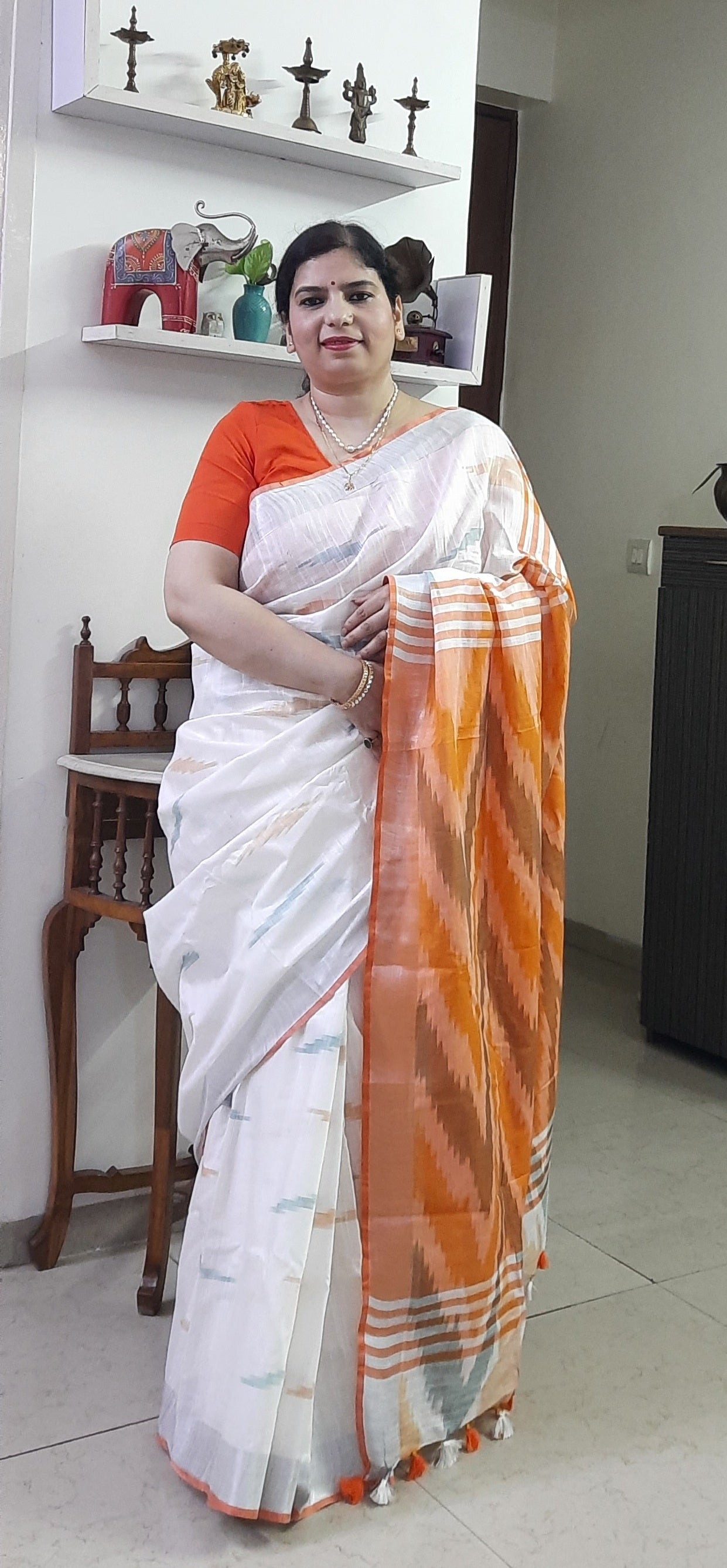 White Ikkat Linen Cotton Saree