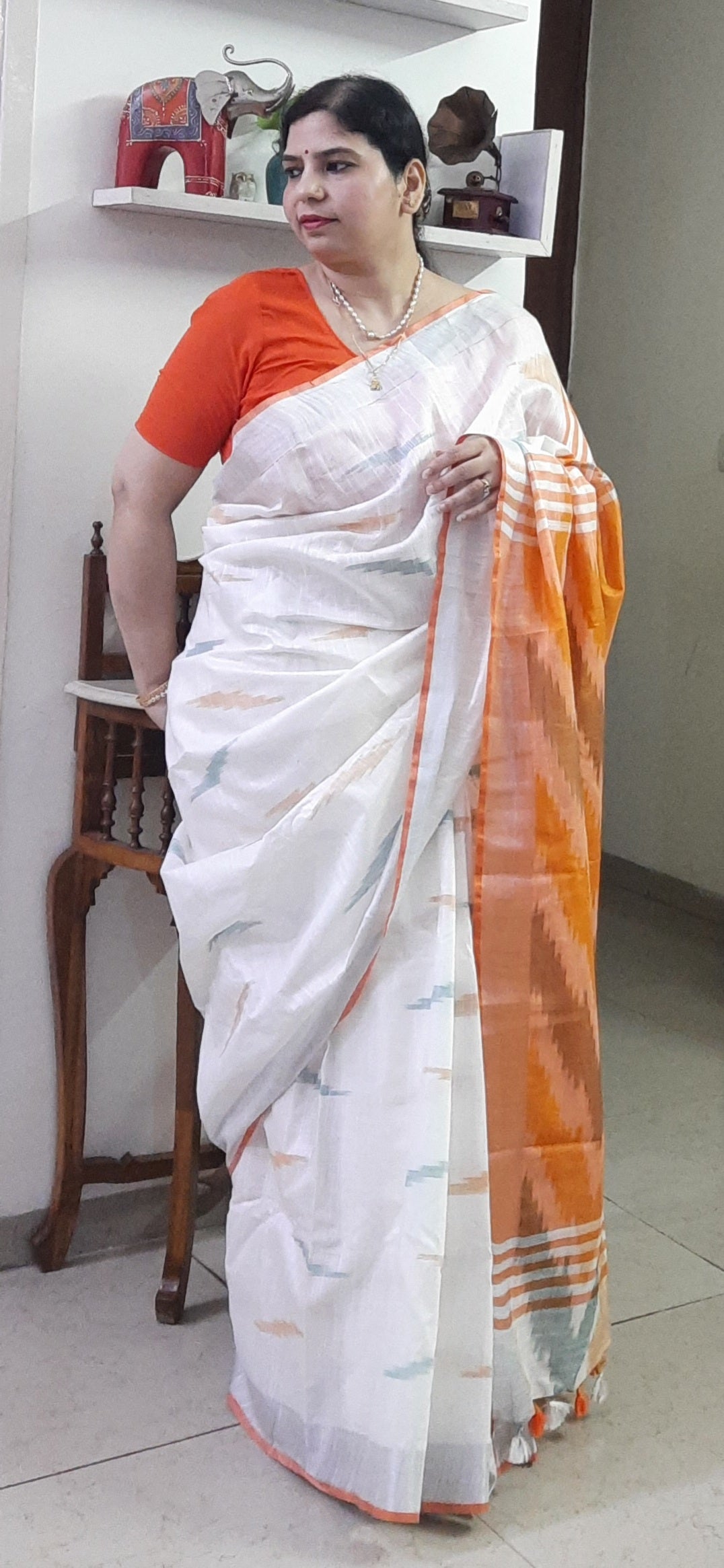 White Ikkat Linen Cotton Saree