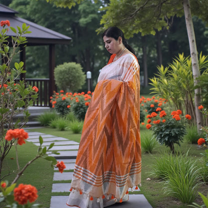 White Ikkat Linen Cotton Saree