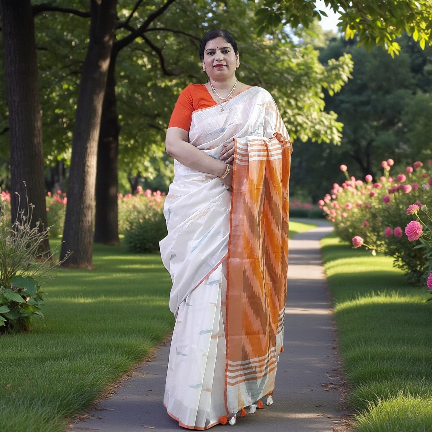 White Ikkat Linen Cotton Saree