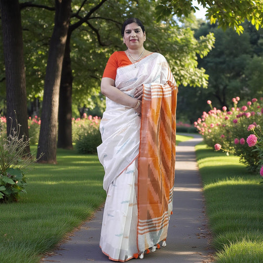 White Ikkat Linen Cotton Saree