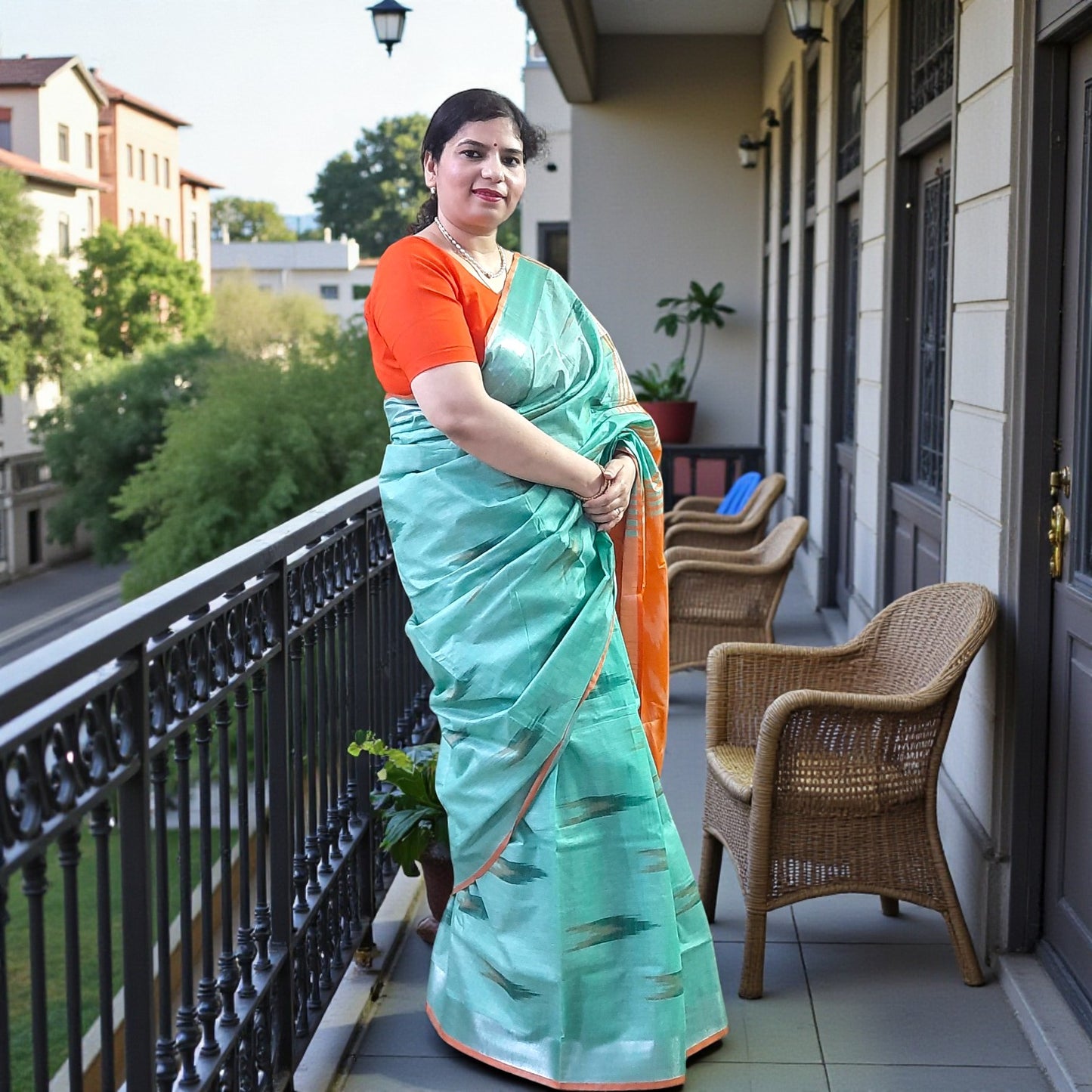 Mint Green Ikkat Linen Saree