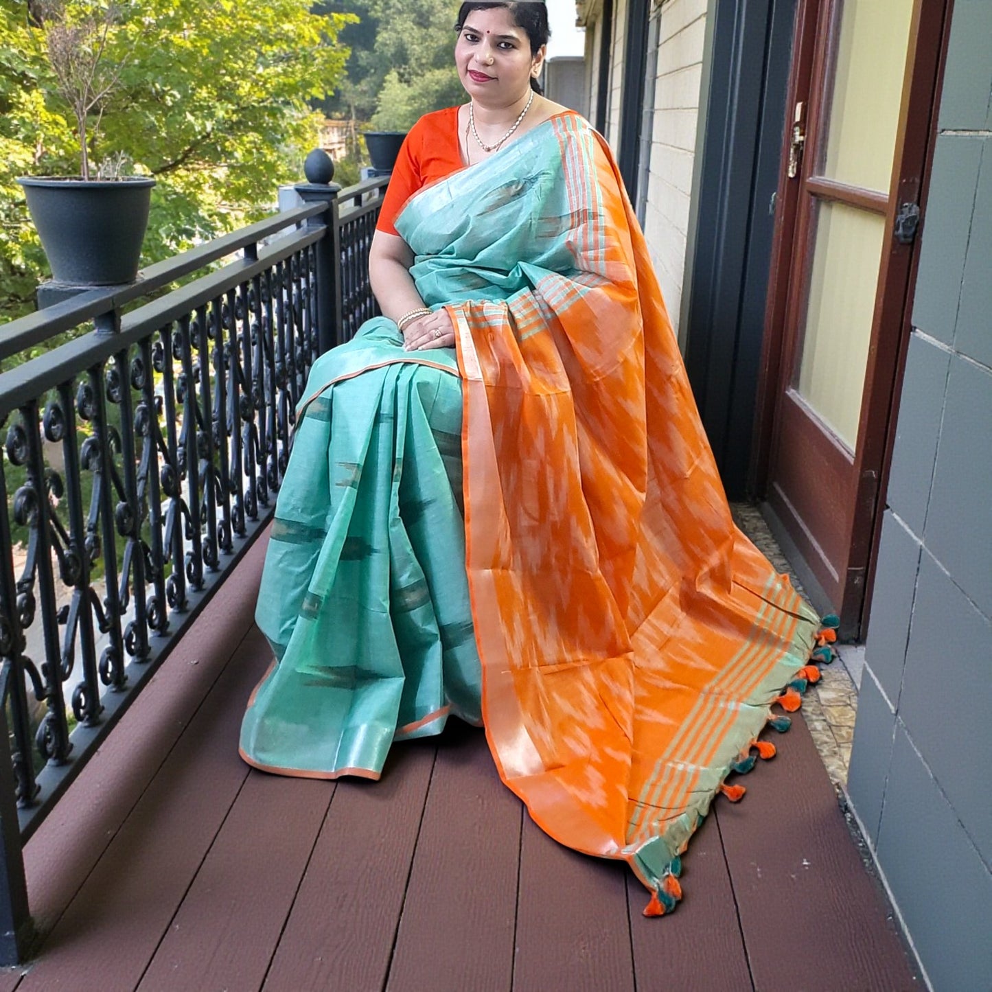 Mint Green Ikkat Linen Saree
